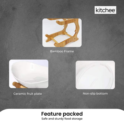 3 Tier Porcelain Fruit Bowl - Ceramic Vegetable Storage With Bamboo Stand.