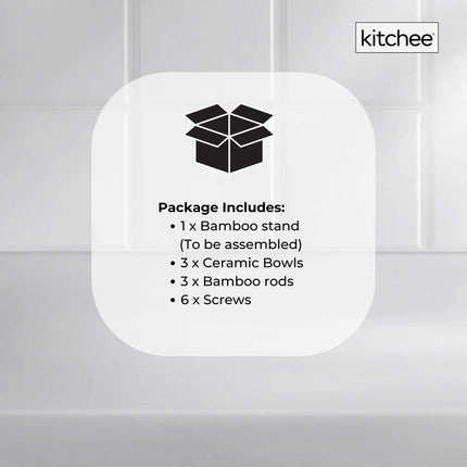 3 Tier Porcelain Fruit Bowl - Ceramic Vegetable Storage With Bamboo Stand.