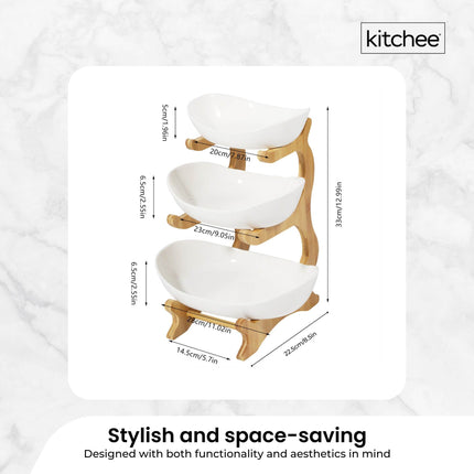 3 Tier Porcelain Fruit Bowl - Ceramic Vegetable Storage With Bamboo Stand.