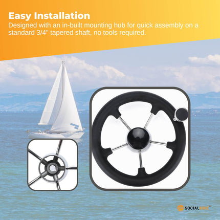 13.5" Boat Steering Wheel With Grip Cover - Stainless Steel 3/4" 5 Spoke With Knob.