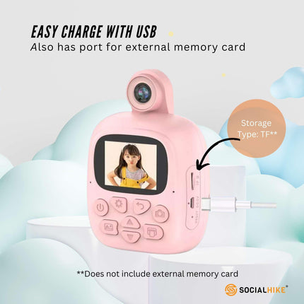 Kids Rechargeable Instant Print Camera Pink - Digital Thermal Photo Video MP3.