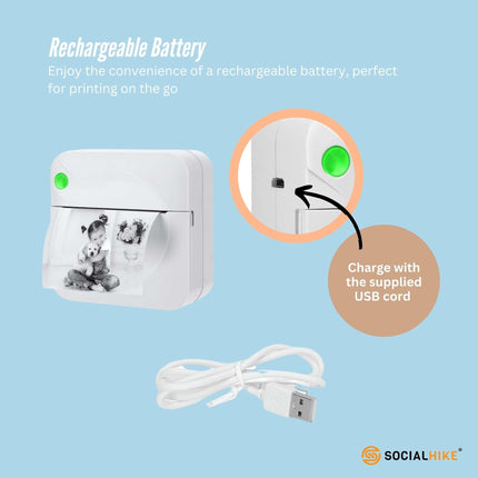 Social Hike Portable Mini Printer White - Inkless Bluetooth Phone Pocket Thermal Printing.