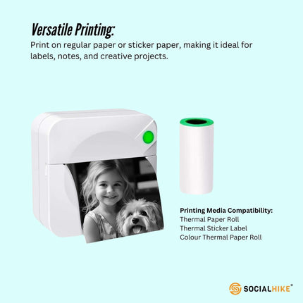 Social Hike Portable Mini Printer White - Inkless Bluetooth Phone Pocket Thermal Printing.