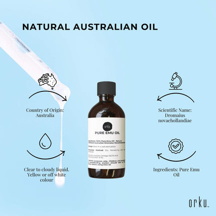 Orku 100ml Pure Emu Oil - Natural Undiluted Australian Dromaius Novaehollandiae.