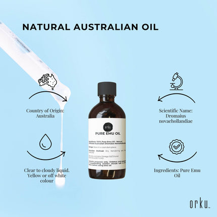 Orku 100ml Pure Emu Oil - Natural Undiluted Australian Dromaius Novaehollandiae.