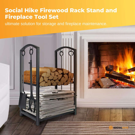 Social Hike Firewood Rack Stand and Fireplace Tool Set for Log Holder Storage.