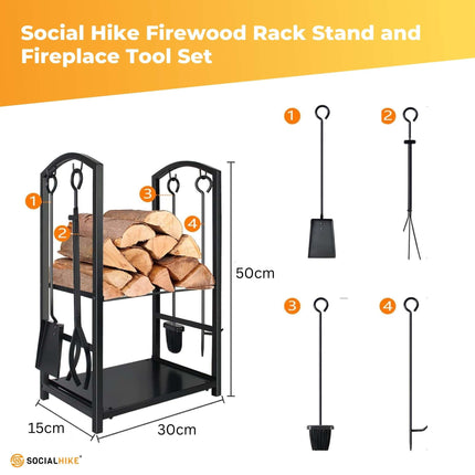 Social Hike Firewood Rack Stand and Fireplace Tool Set for Log Holder Storage.
