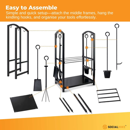 Social Hike Firewood Rack Stand and Fireplace Tool Set for Log Holder Storage.