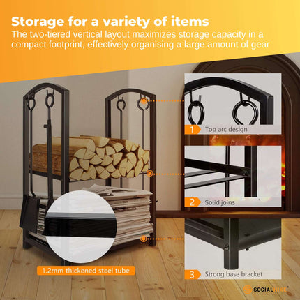 Social Hike Firewood Rack Stand and Fireplace Tool Set for Log Holder Storage.