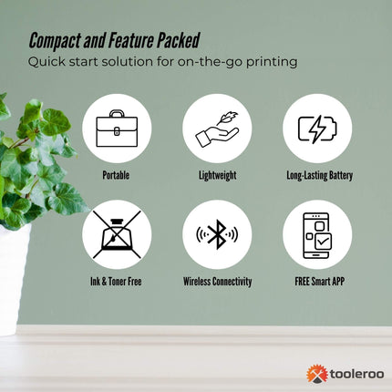 Tooleroo Portable A4 Thermal Printer Black + Paper Kit - Wireless and Inkless.