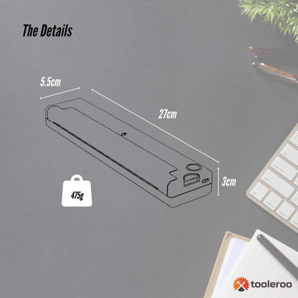Tooleroo Portable A4 Thermal Printer Black + Paper Kit - Wireless and Inkless.