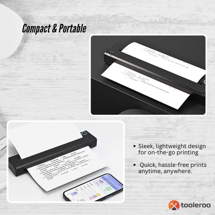 Tooleroo Portable A4 Thermal Printer Black + Paper Kit - Wireless and Inkless.