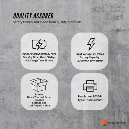 Tooleroo Portable A4 Thermal Printer Black + Paper Kit - Wireless and Inkless.