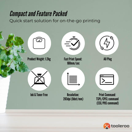 Tooleroo Bluetooth Thermal Label Printer - USB POS Receipt Shipping Printing.