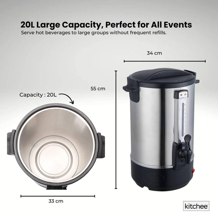 Kitchee 20L Electric Water Boiler - Stainless Steel Commercial Hot Liquid Urn.