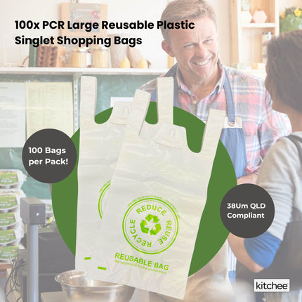 100x Medium Reusable Plastic Singlet Shopping Bags - 80% Recycled 38UM Compliant.