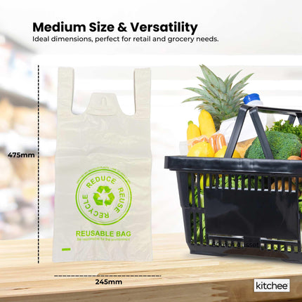1000x Medium Reusable Plastic Singlet Shopping Bags 80% Recycled 38UM Compliant.