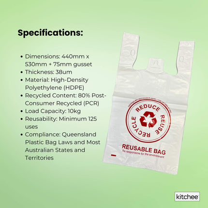500x Large Reusable Plastic Singlet Shopping Bags - 80% Recycled 38UM Compliant.