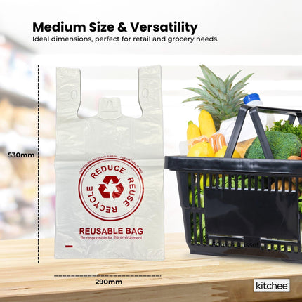 500x Large Reusable Plastic Singlet Shopping Bags - 80% Recycled 38UM Compliant.