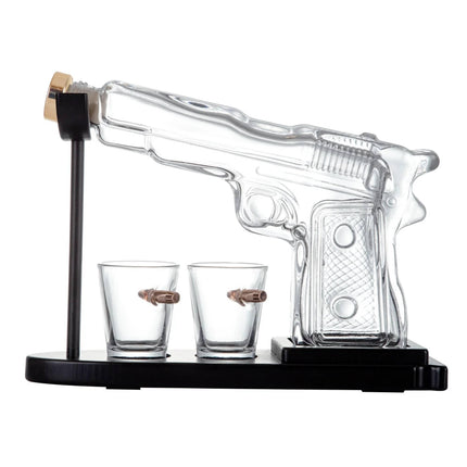 225mL Whisky or Wine Decanter Glass Pistol Set - 2 Shot Glasses + Wooden Stand.