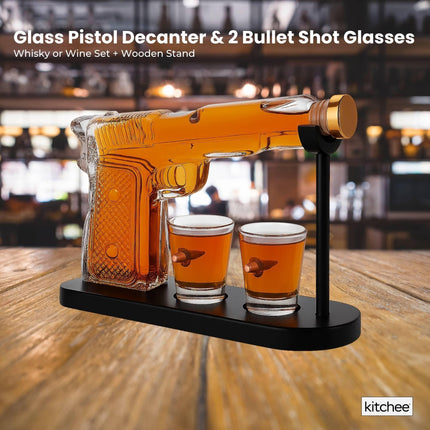 225mL Whisky or Wine Decanter Glass Pistol Set - 2 Shot Glasses + Wooden Stand.