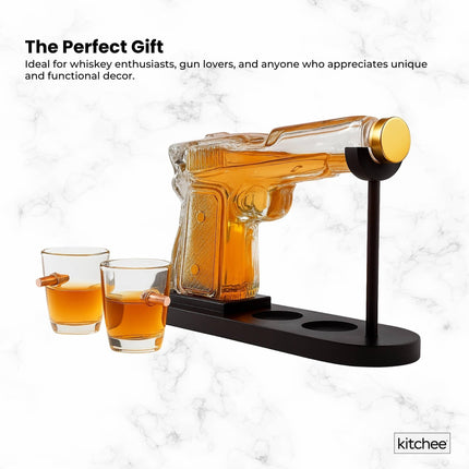 225mL Whisky or Wine Decanter Glass Pistol Set - 2 Shot Glasses + Wooden Stand.