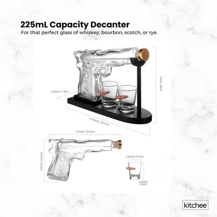 225mL Whisky or Wine Decanter Glass Pistol Set - 2 Shot Glasses + Wooden Stand.