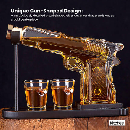 225mL Whisky or Wine Decanter Glass Pistol Set - 2 Shot Glasses + Wooden Stand.
