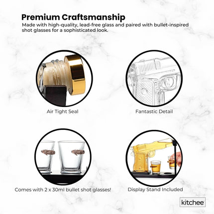 225mL Whisky or Wine Decanter Glass Pistol Set - 2 Shot Glasses + Wooden Stand.