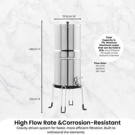 Orku 8.5L Gravity Benchtop Water Filter - Stainless Steel Fluoride Removal.