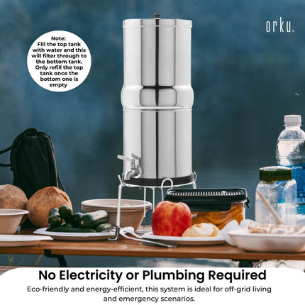 Orku 8.5L Gravity Benchtop Water Filter - Stainless Steel Fluoride Removal.