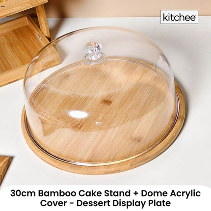 Kitchee 30cm Bamboo Cake Stand + Dome Acrylic Cover - Dessert Display Plate.