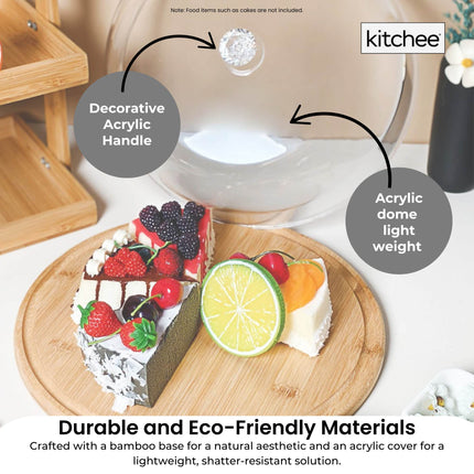 Kitchee 30cm Bamboo Cake Stand + Dome Acrylic Cover - Dessert Display Plate.