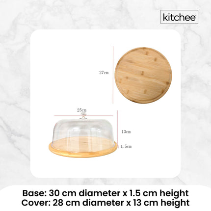 Kitchee 30cm Bamboo Cake Stand + Dome Acrylic Cover - Dessert Display Plate.