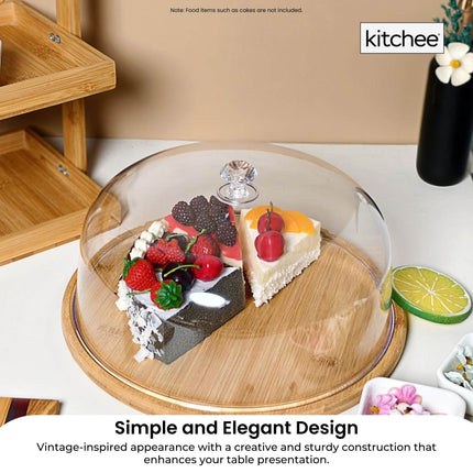 Kitchee 30cm Bamboo Cake Stand + Dome Acrylic Cover - Dessert Display Plate.