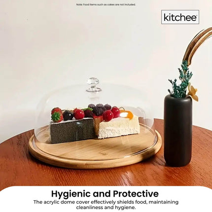Kitchee 30cm Bamboo Cake Stand + Dome Acrylic Cover - Dessert Display Plate.