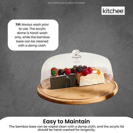 Kitchee 30cm Bamboo Cake Stand + Dome Acrylic Cover - Dessert Display Plate.