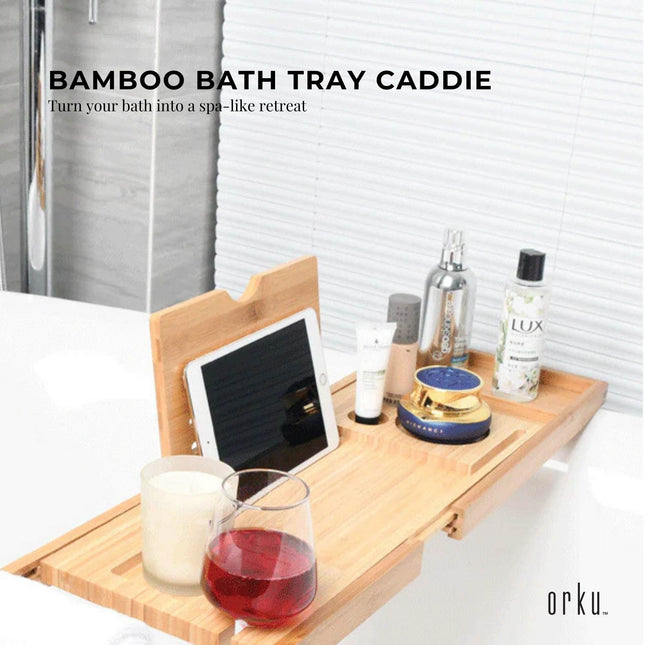 Luxury Adjustable Bamboo Bath Tray Caddy - Spa Book Wine & Accessories Holder.