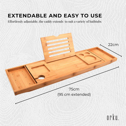 Luxury Adjustable Bamboo Bath Tray Caddy - Spa Book Wine & Accessories Holder.