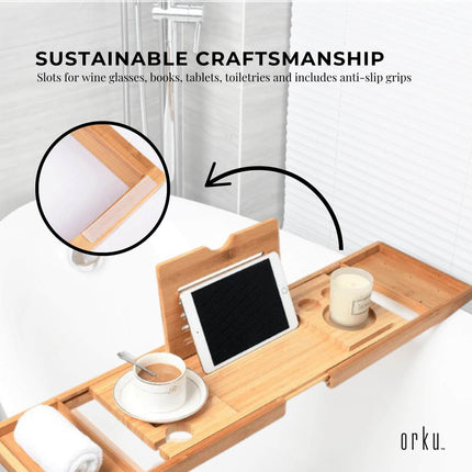 Luxury Adjustable Bamboo Bath Tray Caddy - Spa Book Wine & Accessories Holder.