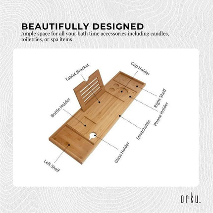 Luxury Adjustable Bamboo Bath Tray Caddy - Spa Book Wine & Accessories Holder.