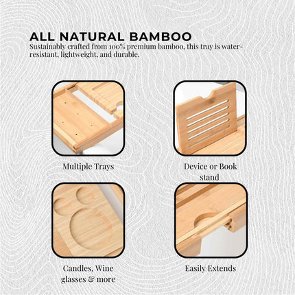 Luxury Adjustable Bamboo Bath Tray Caddy - Spa Book Wine & Accessories Holder.