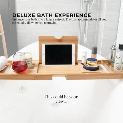 Luxury Adjustable Bamboo Bath Tray Caddy - Spa Book Wine & Accessories Holder.