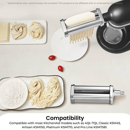 Kitchee Pasta Noodle Maker Roller Cutter Attachments - Compatible with KitchenAid Mixer.