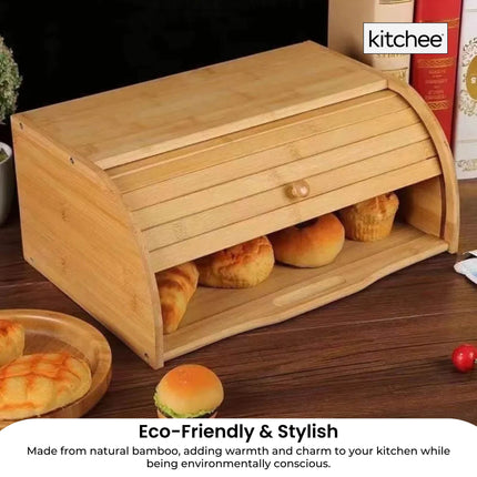 Kitchee 40cm Bamboo Bread Box - Storage Bin Keeper Kitchen Counter Container.