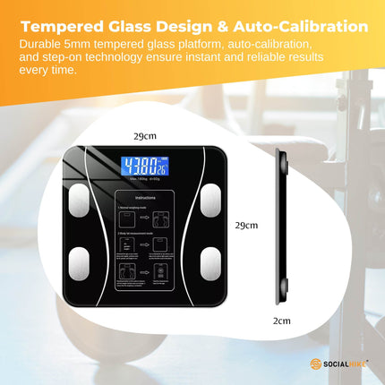 Bluetooth Smart Body Fat Scale Black - Digital BMI Weight USB Recharge with App.