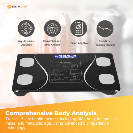 Bluetooth Smart Body Fat Scale Black - Digital BMI Weight USB Recharge with App.