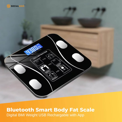 Bluetooth Smart Body Fat Scale Black - Digital BMI Weight USB Recharge with App.