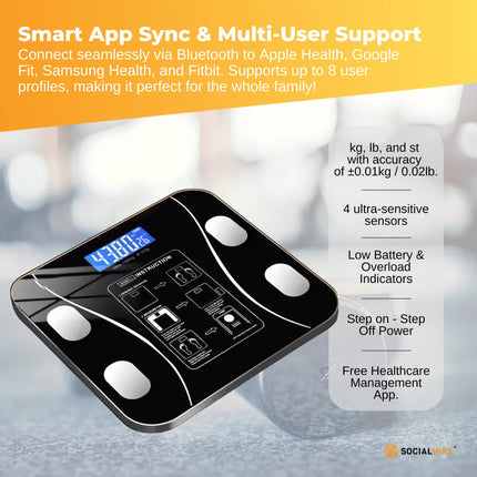 Bluetooth Smart Body Fat Scale Black - Digital BMI Weight USB Recharge with App.