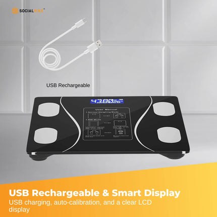 Bluetooth Smart Body Fat Scale Black - Digital BMI Weight USB Recharge with App.
